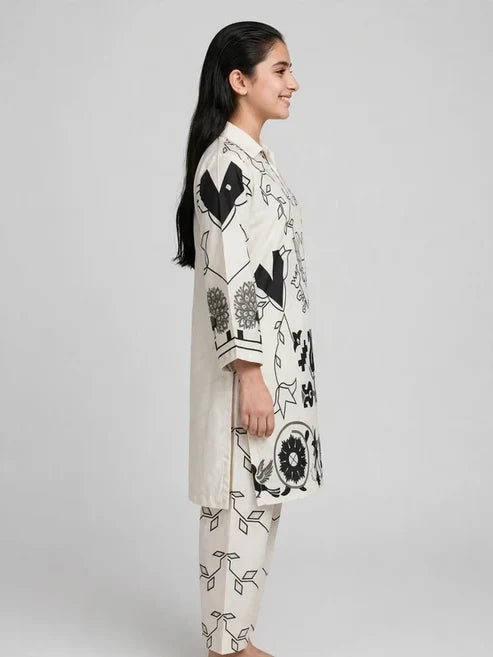 Girls White Printed Co Ord Set