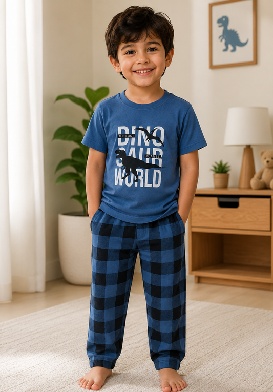 Little Kids Dino World Cotton Night Suit – Blue Half Sleeve Pajama Set