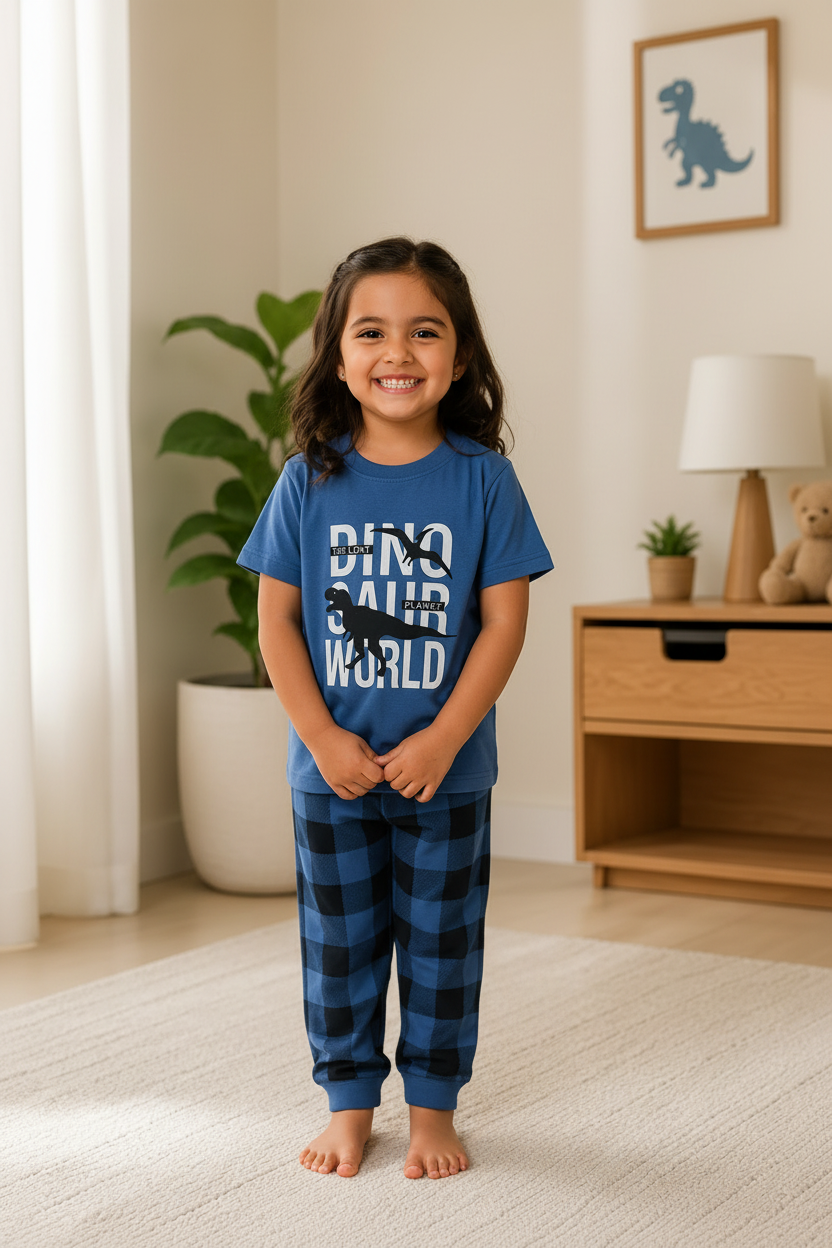 Little Kids Dino World Cotton Night Suit – Blue Half Sleeve Pajama Set