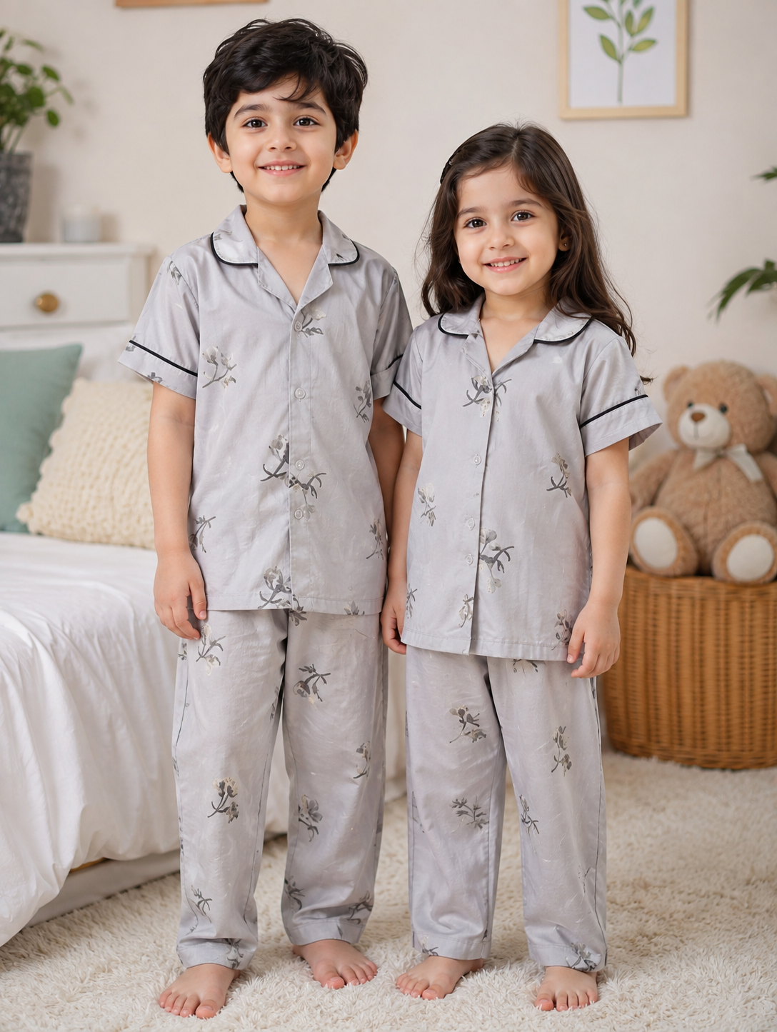 Little Kids Floral Cotton Night Suit – Light Grey