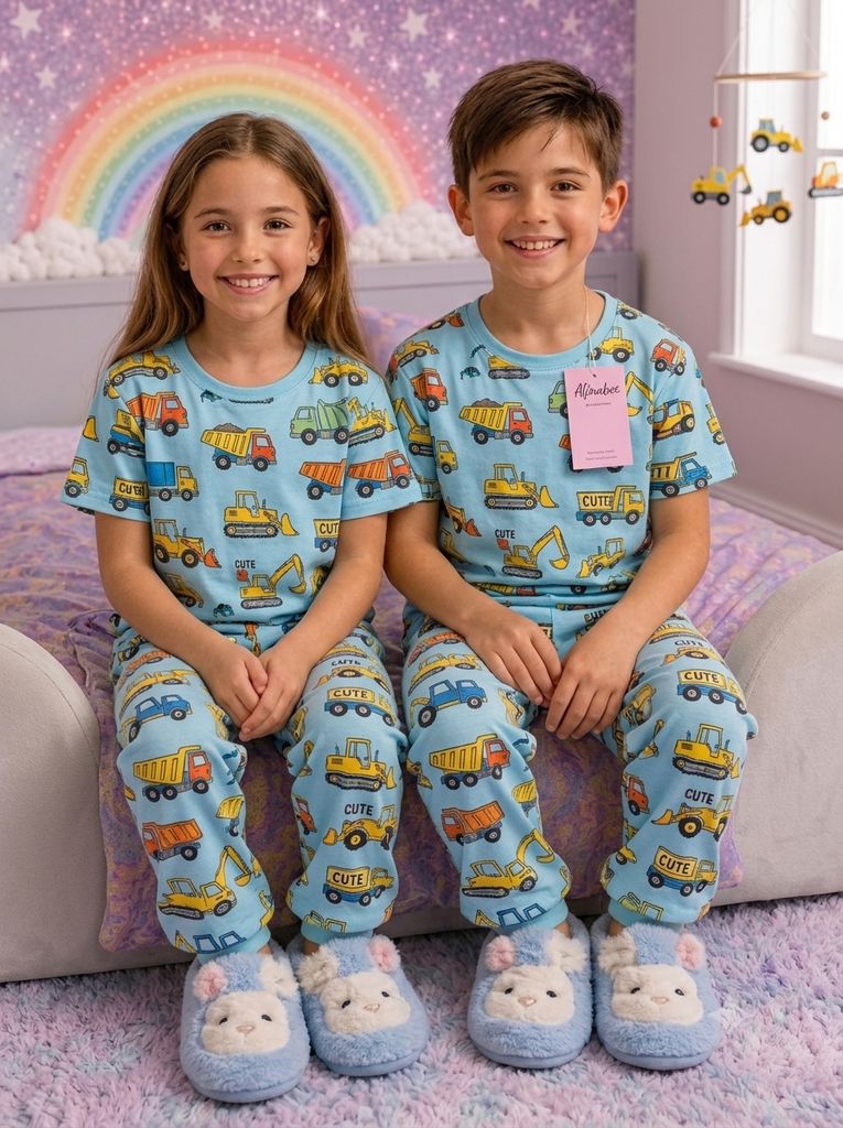 Kids Construction Vehicles Cotton Pajama Set | Soft & Comfortable Night Suit for Boys & Girls
