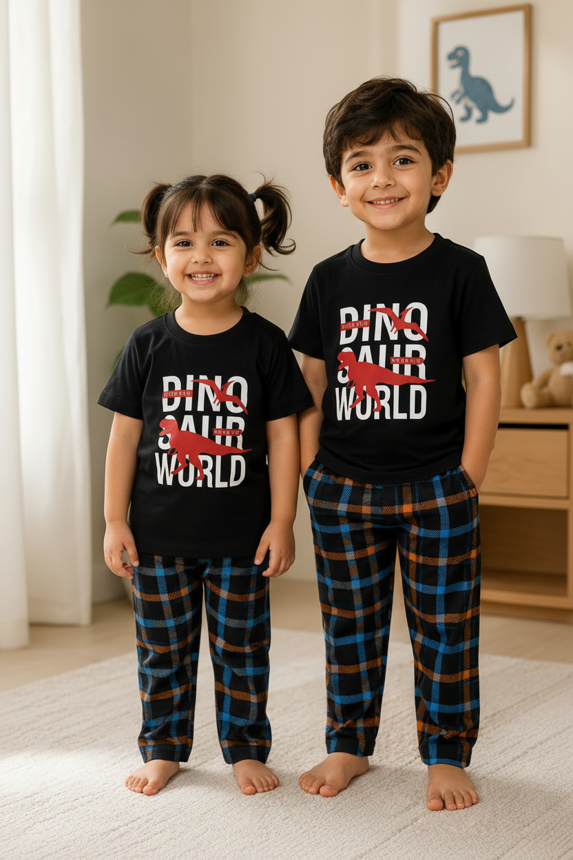 Little Kids Dino World Cotton Night Suit – Black Half Sleeve Pajama Set