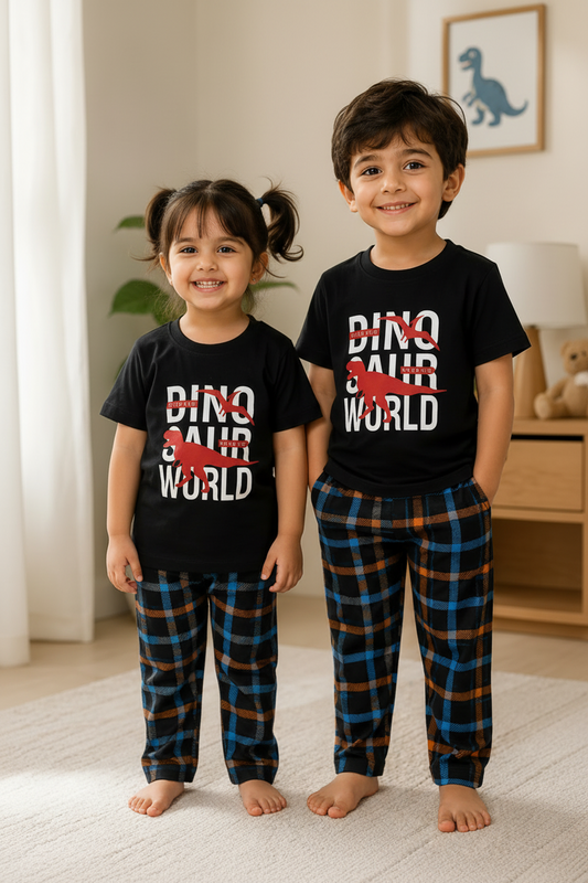 Little Kids Dino World Cotton Night Suit – Black Half Sleeve Pajama Set