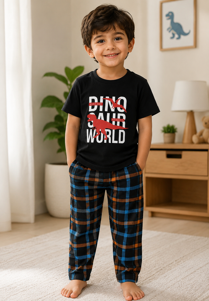 Little Kids Dino World Cotton Night Suit – Black Half Sleeve Pajama Set