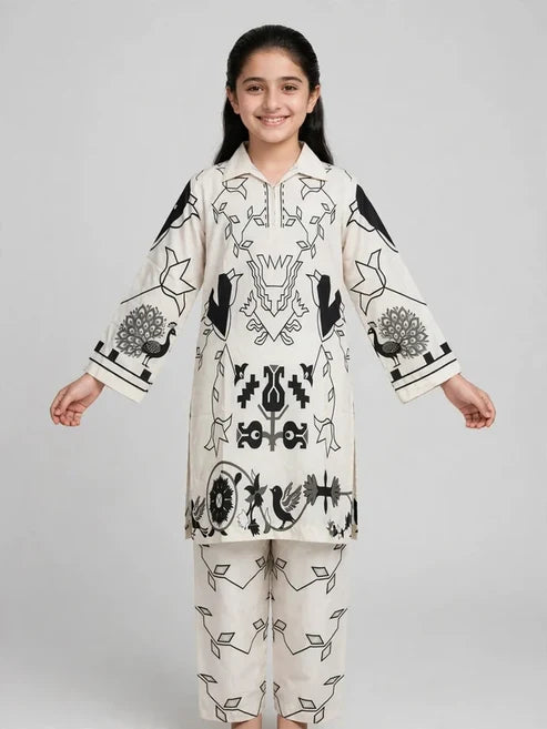 Girls White Printed Co Ord Set
