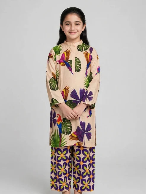 Girls Beige Printed Co Ord Set
