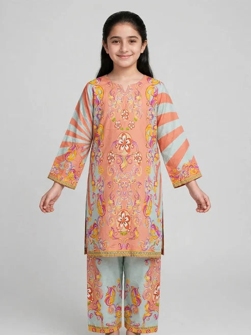 Girls Peach & Mint Printed Co Ord Set