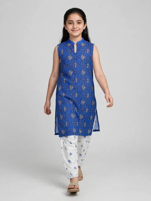 Girls Blue Printed Sleeveless Co Ord Set (Sleeves Included)