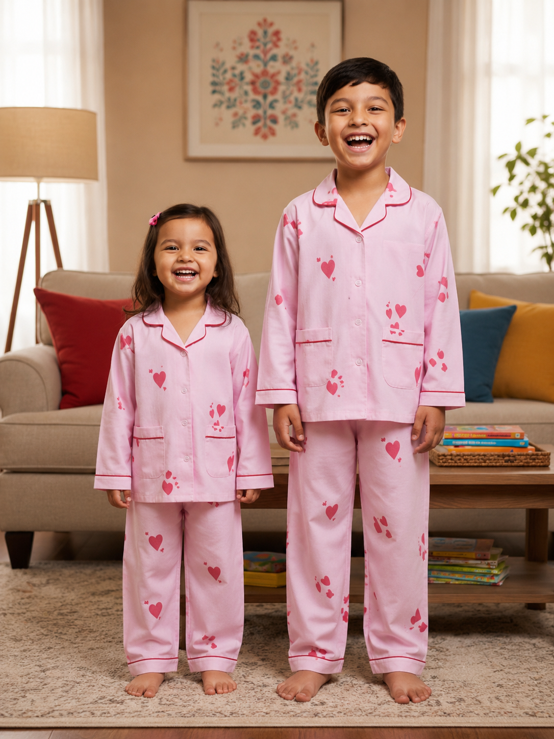 Dreamy Hearts Kids Cotton Night Suit – Pink Heart Print Pajama Set