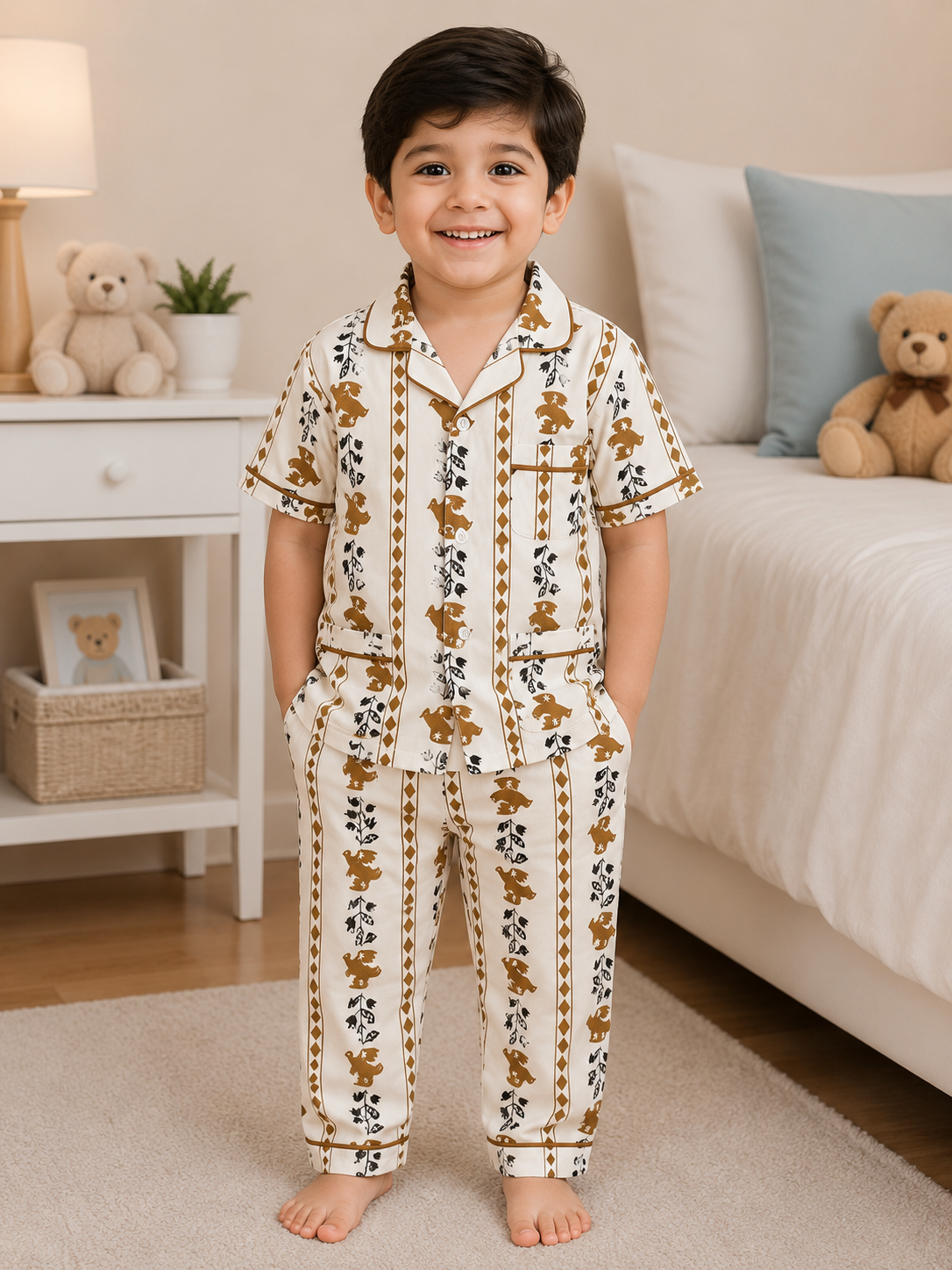 Kids Teddy Bear Print Cotton Pajama Set | Soft Button-Down Night Suit for Boys & Girls