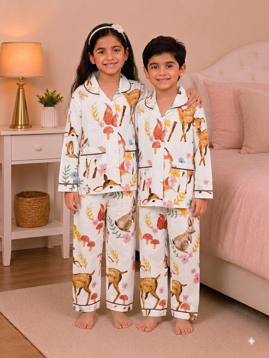 Kids Woodland Animals Cotton Night Suit Set - Off White