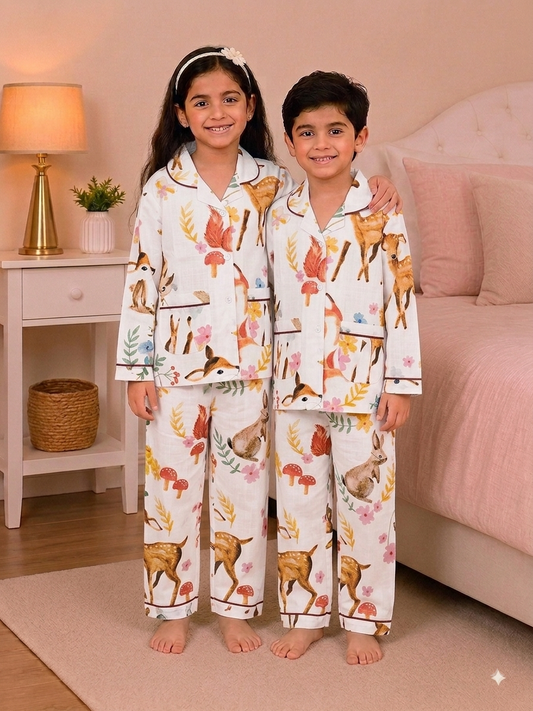 Kids Woodland Animals Cotton Night Suit Set - Off White