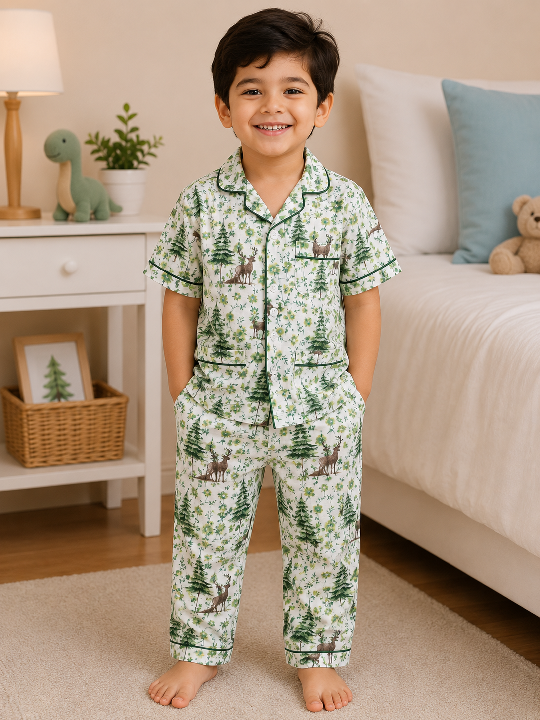 Kids Woodland Forest Print Cotton Pajama Set | Soft Button-Down Night Suit for Boys