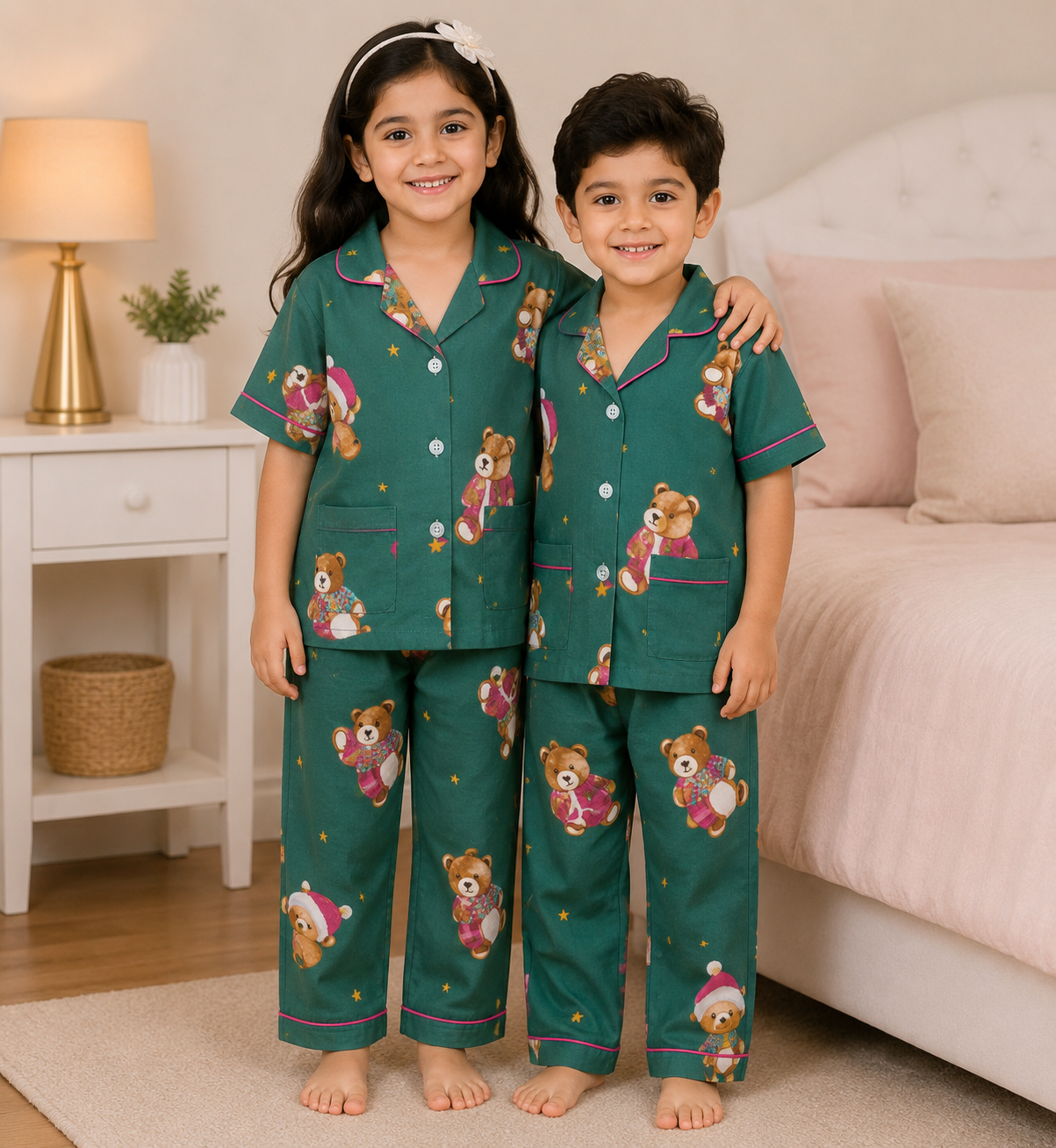 Dreamy Teddy Kids Cotton Night Suit – Soft Bear Print Pajama Set for Boys & Girls