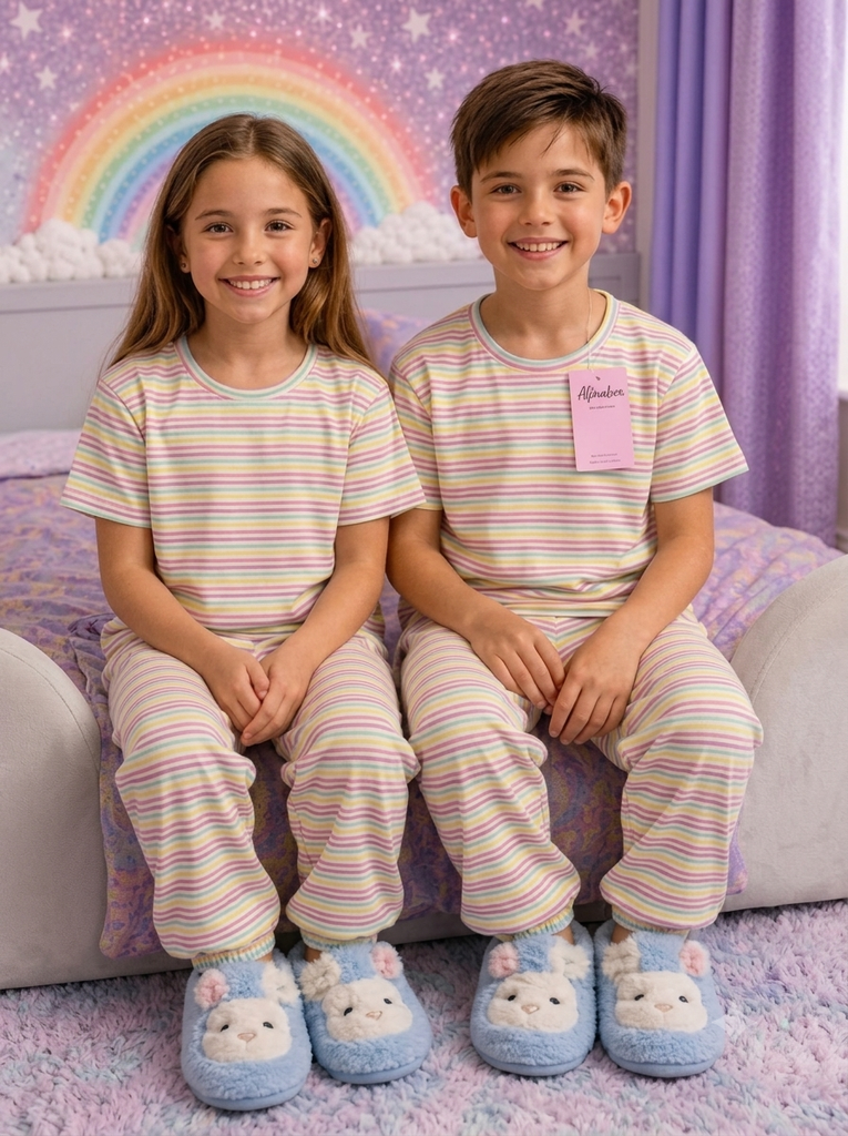 Pastel Rainbow Striped Kids Cotton Pajama Set | Soft & Comfortable Night Suit