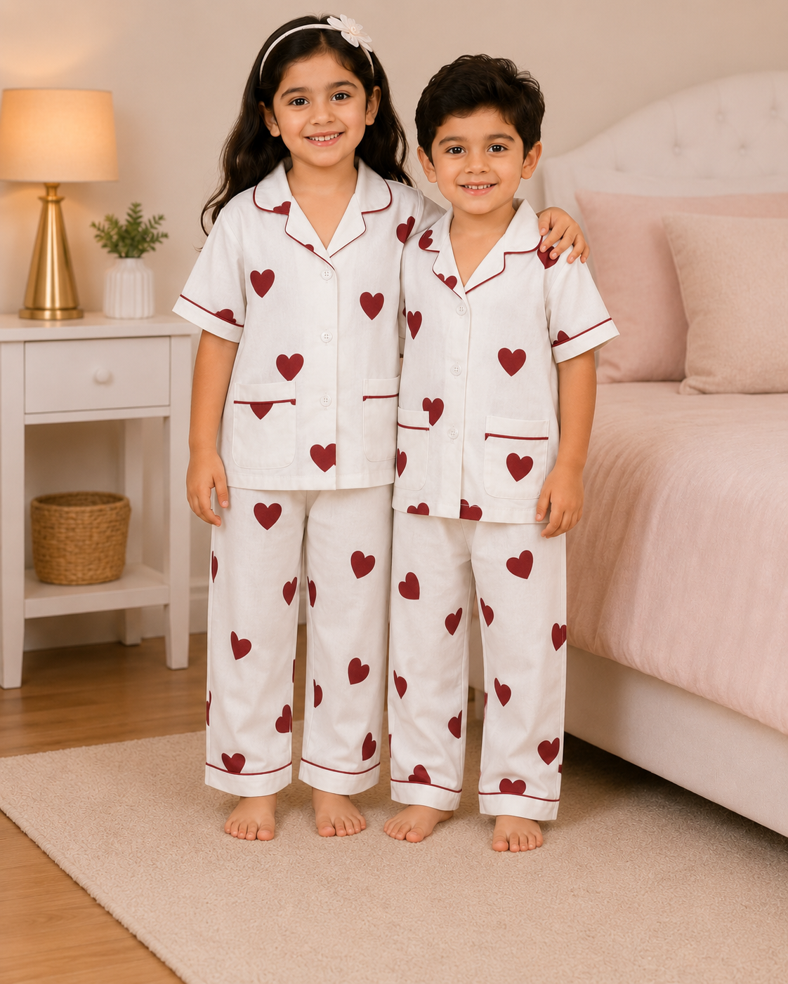 Dreamy Hearts Kids Cotton Night Suit – Soft Heart Print Pajama Set for Boys & Girls