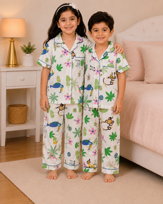 Dreamy Jungle Kids Cotton Night Suit – Soft Safari Print Pajama Set for Boys & Girls