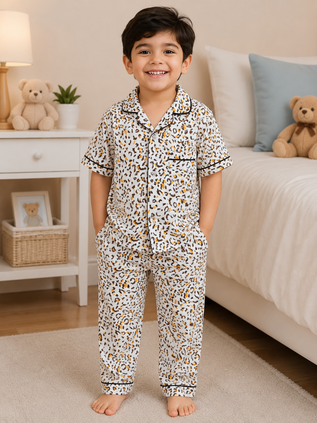 Kids Leopard Print Cotton Pajama Set | Soft Button-Down Night Suit for Boys & Girls
