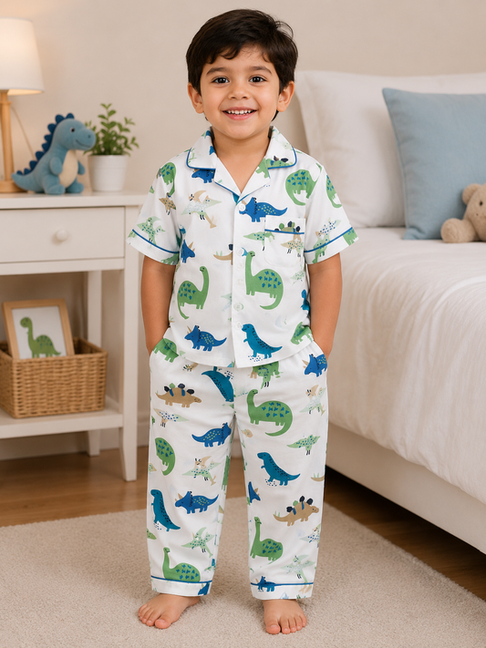 Kids Dinosaur Print Cotton Pajama Set | Soft Button-Down Night Suit for Boys & Girls