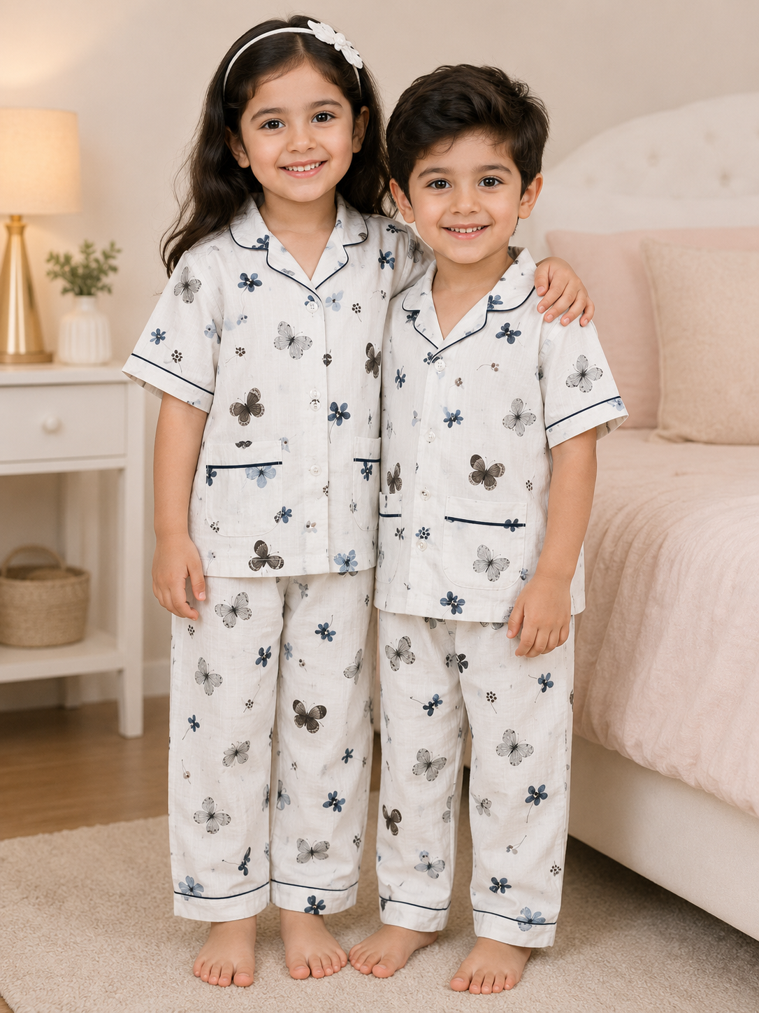 Kids Butterfly Print Cotton Pajama Set | Soft Button-Down Night Suit for Boys & Girls