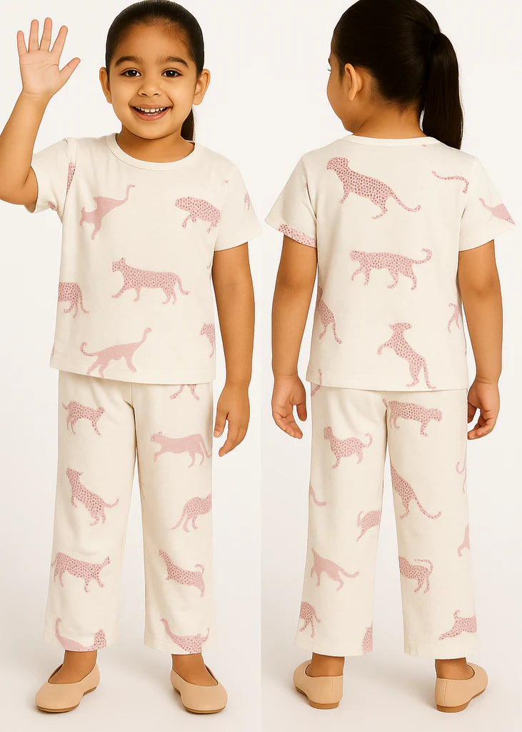 Girls Off-White & Pink Leopard Print Nightwear Set