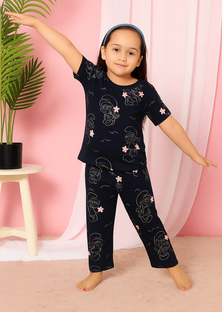 Midnight Smurfette Printed Night Suit for Girls – Cotton Comfort
