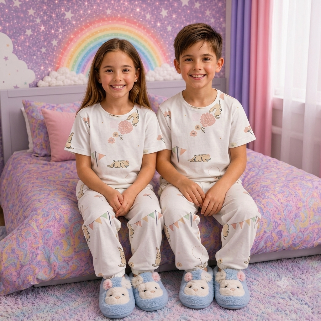 Kids Bunny Print Cotton Pajama Set | Soft & Breathable Night Suit for Boys & Girls
