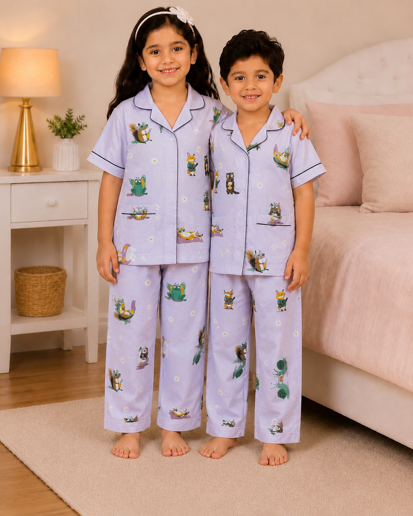 Kids Lavender Woodland Print Cotton Night Suit Set – Soft & Breathable Pajama for Boys & Girls