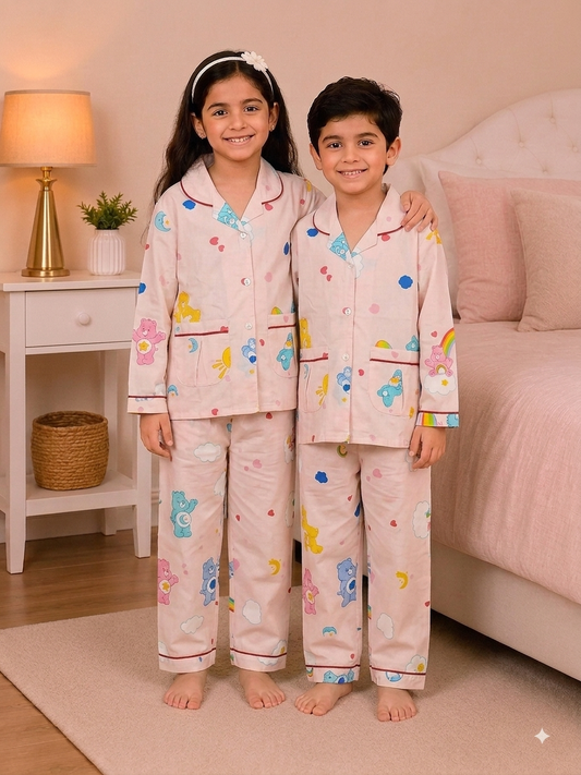 Kids Cute Cartoon Bear & Rainbow Print Cotton Night Suit Set - Light Pink