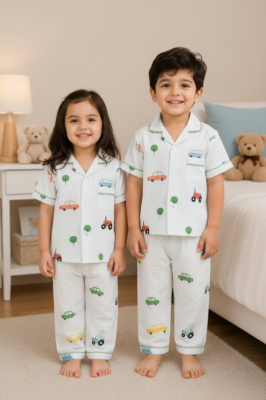 Kids Vehicle Print Cotton Pajama Set | Soft Button-Down Night Suit for Boys