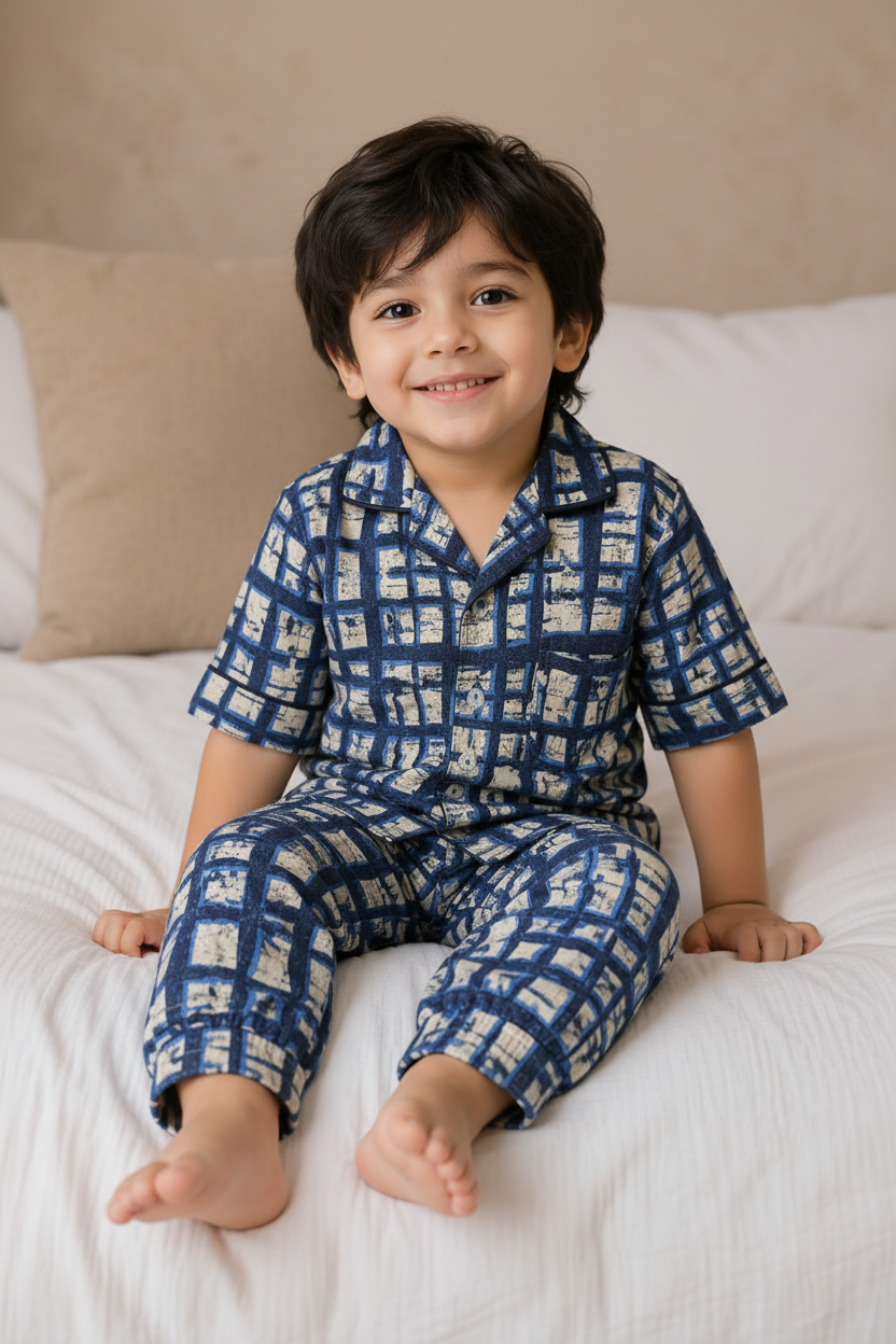 Kids Premium Checkered Cotton Night Suit – Soft Full Sleeve Pajama Set (Blue & Beige)