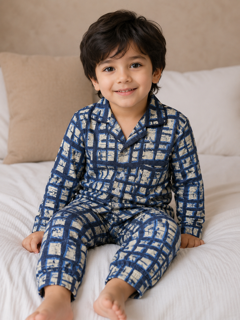 Kids Premium Checkered Cotton Night Suit – Soft Full Sleeve Pajama Set (Blue & Beige)