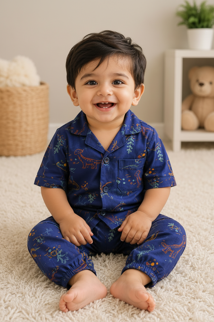 Little Kids Dinosaur Print Cotton Night Suit – Soft & Comfortable Pajama Set (Dark Blue)
