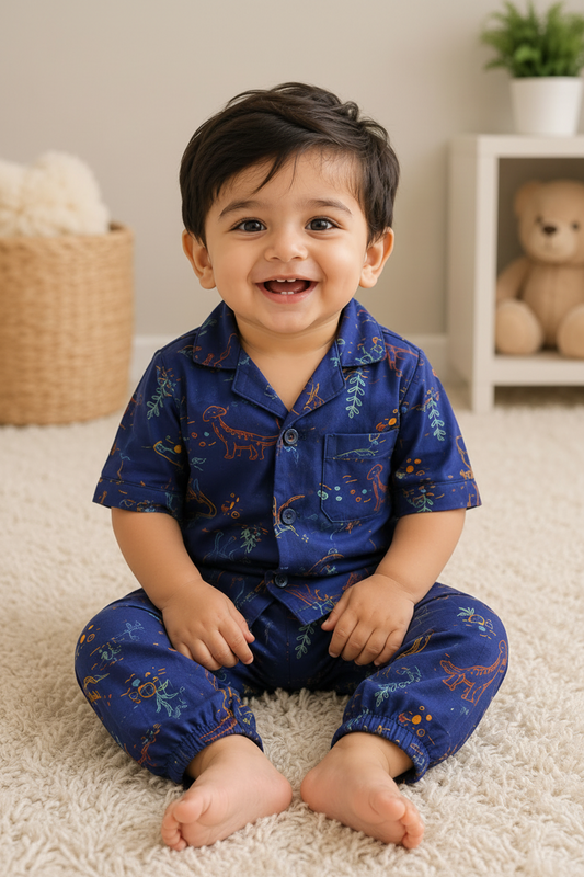 Little Kids Dinosaur Print Cotton Night Suit – Soft & Comfortable Pajama Set (Dark Blue)