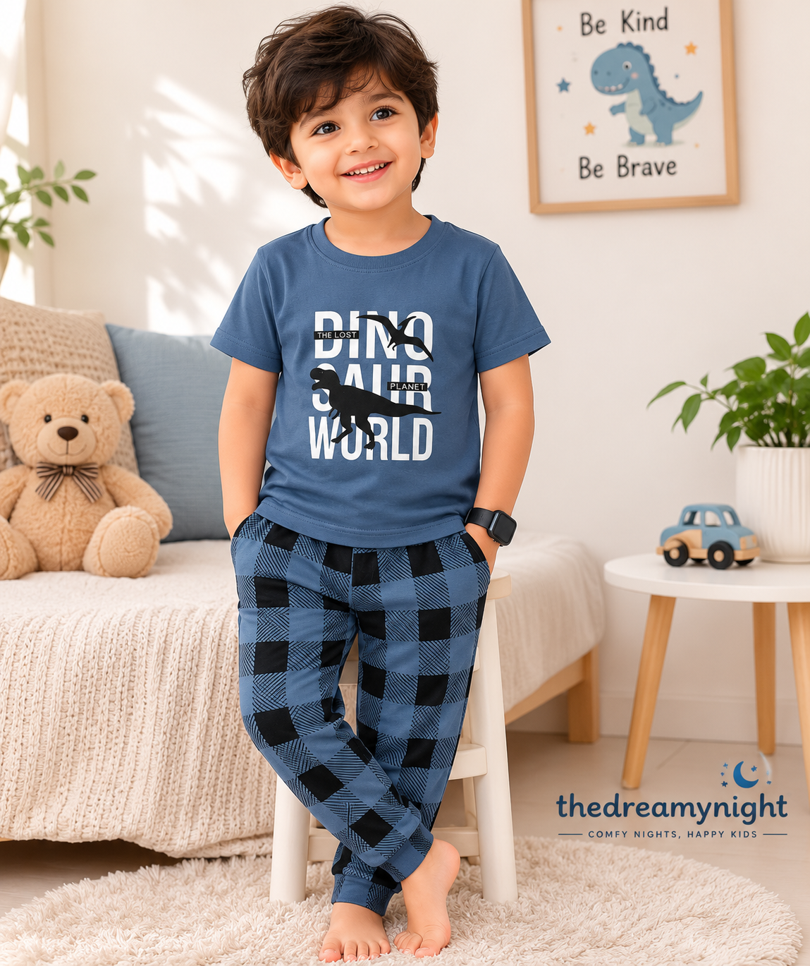 Little Kids Dino World Cotton Night Suit – Blue Half Sleeve Pajama Set