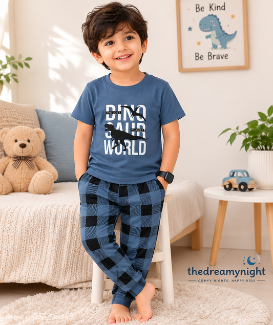 Little Kids Dino World Cotton Night Suit – Blue Half Sleeve Pajama Set