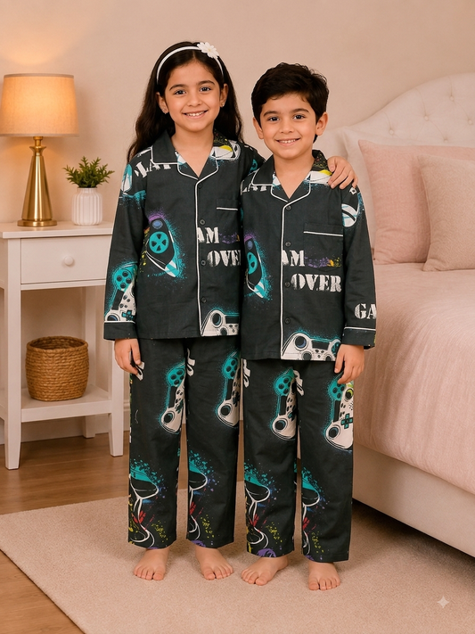 Kids Gaming Print Cotton Night Suit Set - Dark Charcoal Gray
