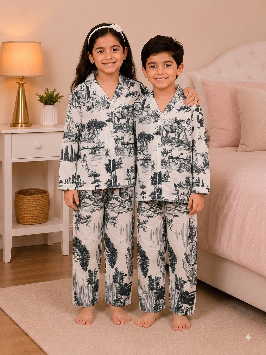Kids Monochrome Toile Print Cotton Night Suit Set - Black & White