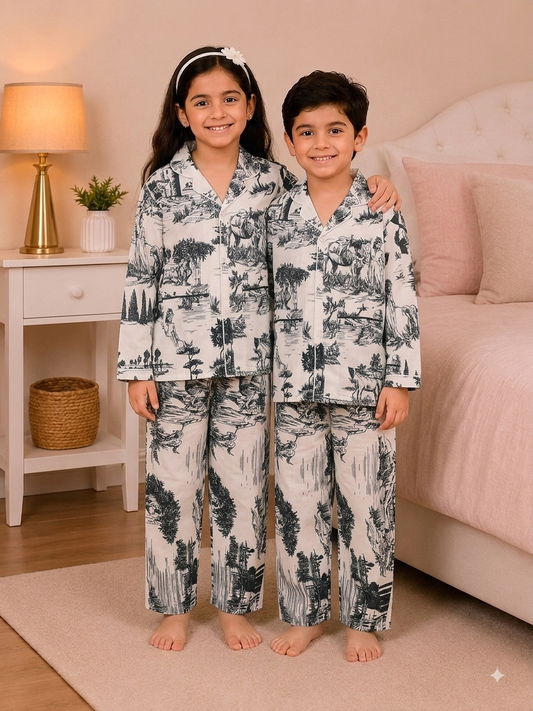 Kids Monochrome Toile Print Cotton Night Suit Set - Black & White