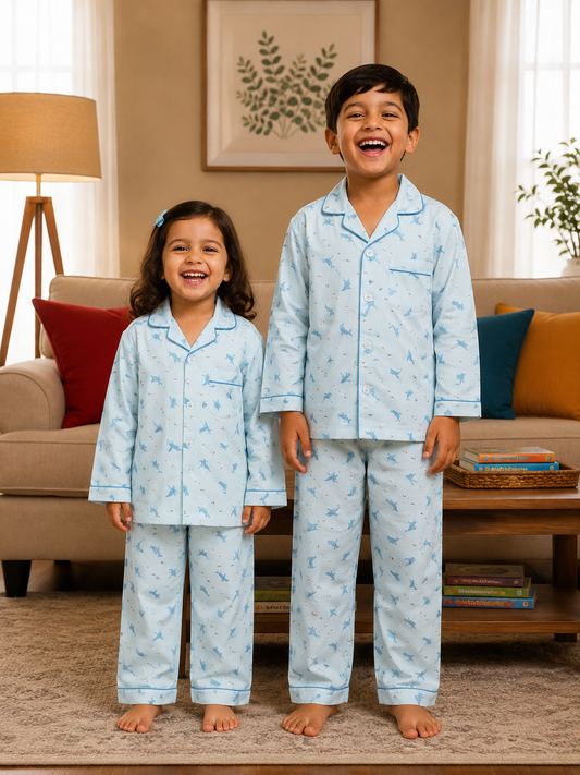 Little Whales Kids Cotton Night Suit – Blue Printed Pajama Set