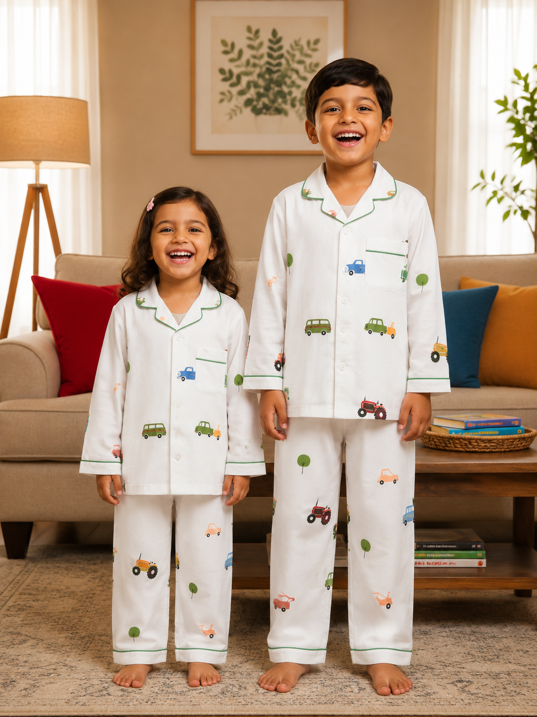 Little Wheels Kids Cotton Night Suit – Cute Vehicle Print Pajama Set