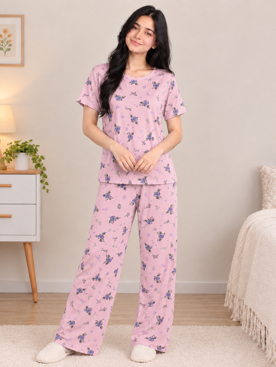 Women’s Pink Floral Printed Night Suit | Short Sleeve Top & Wide-Leg Pajama Set