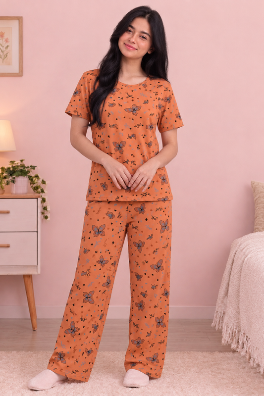 Women’s Orange Floral Printed Pajama Set – Short Sleeve Lounge & Sleepwear
Description