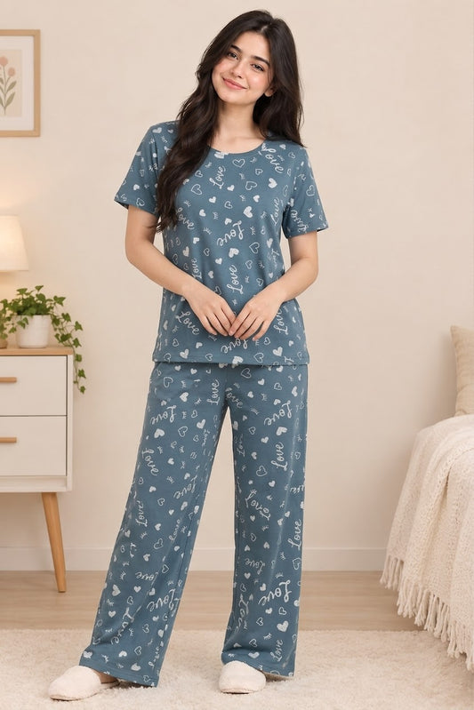 Women’s Blue Love Print T-Shirt & Wide-Leg Pajama Set