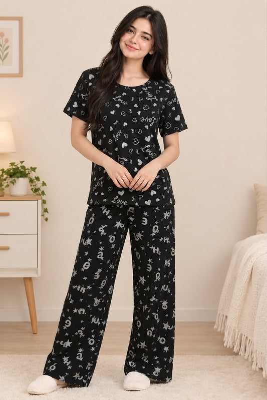 Women’s Black Love Print Cotton Night Suit Set