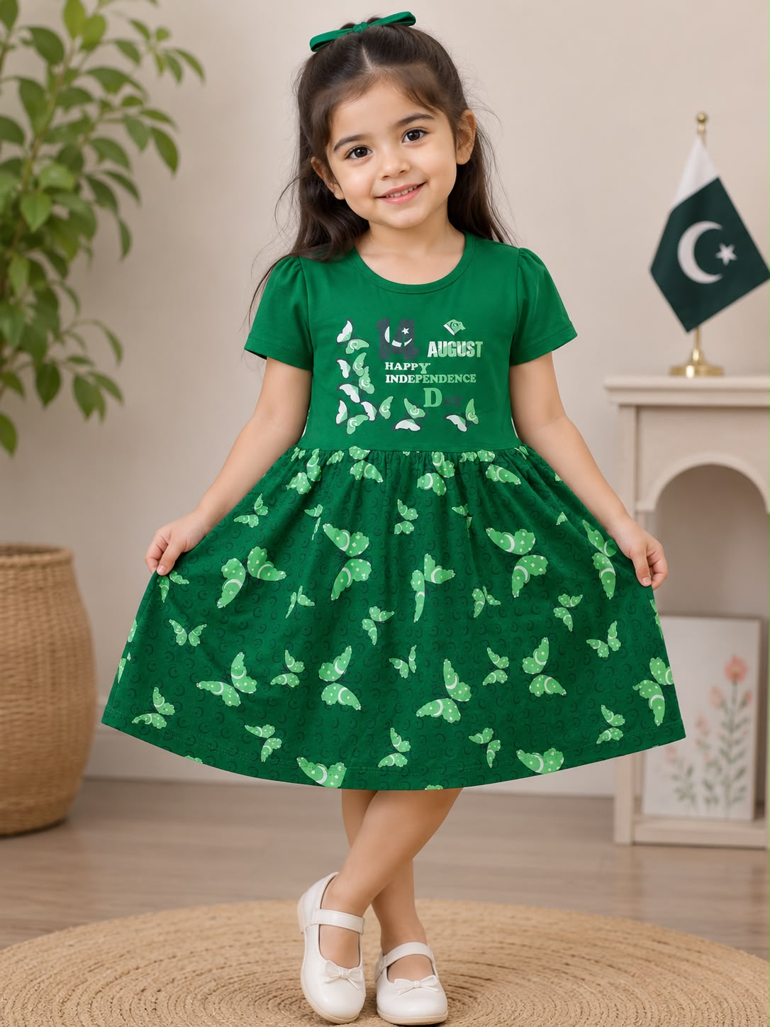14 August Butterfly Print Girls Dress – Soft Cotton Independence Day Frock
