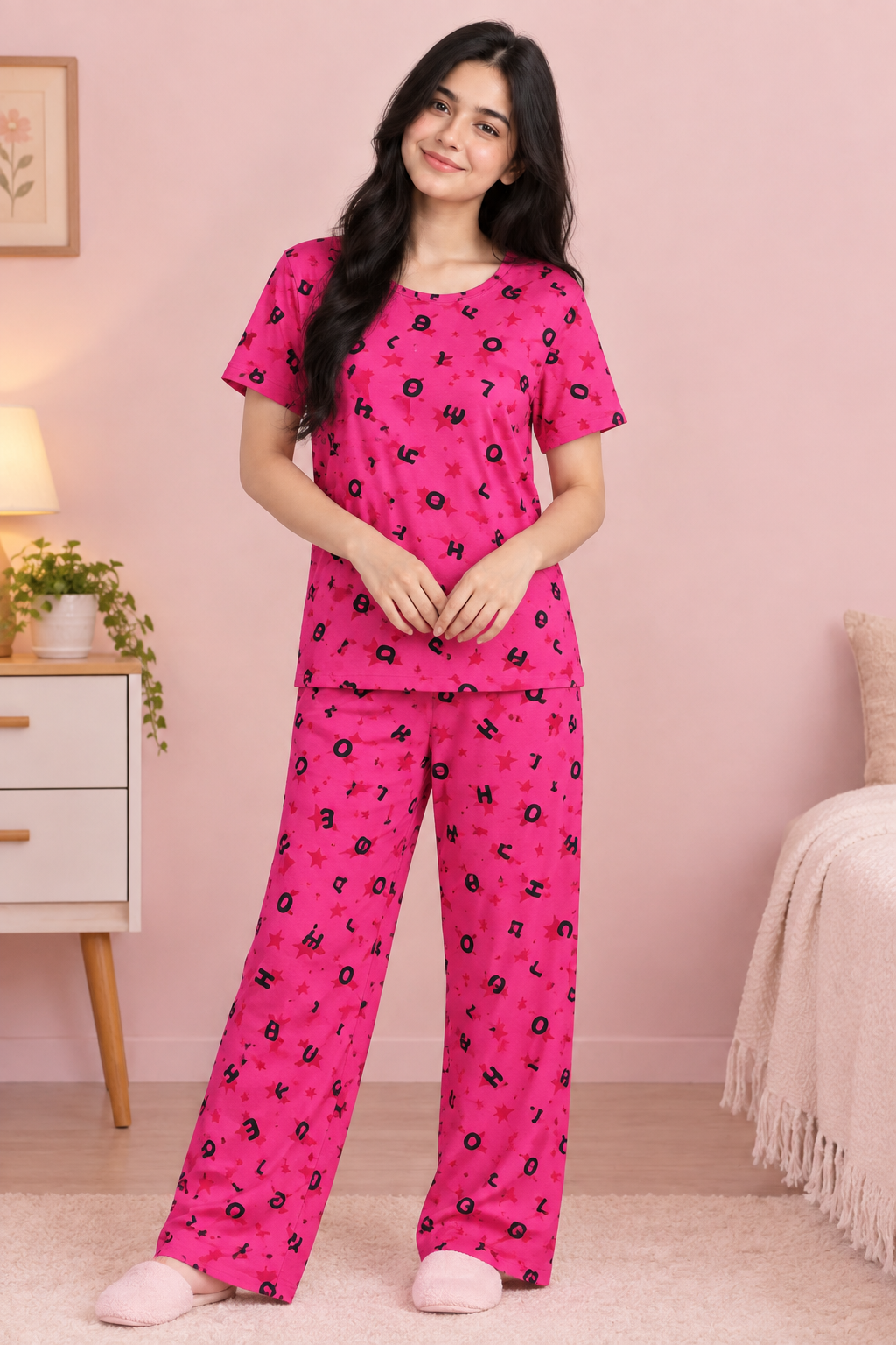 Women’s Pink Printed Short Sleeve Pajama Set – Comfortable Nightwear