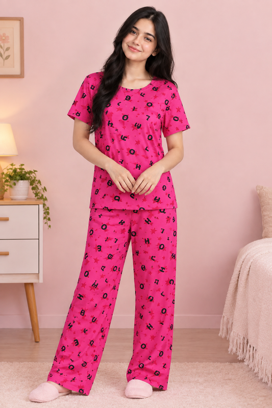 Women’s Pink Printed Short Sleeve Pajama Set – Comfortable Nightwear
