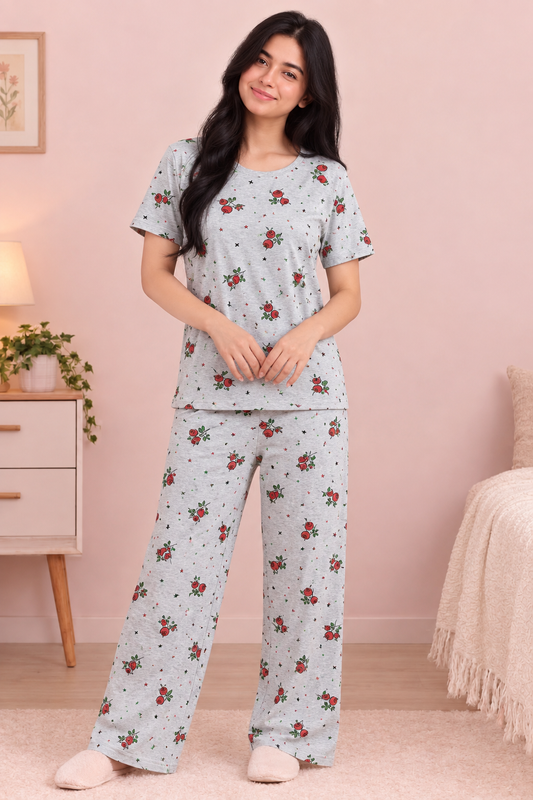 Women’s Printed Cotton Night Suit Set – Half Sleeve Top & Wide-Leg Pajama