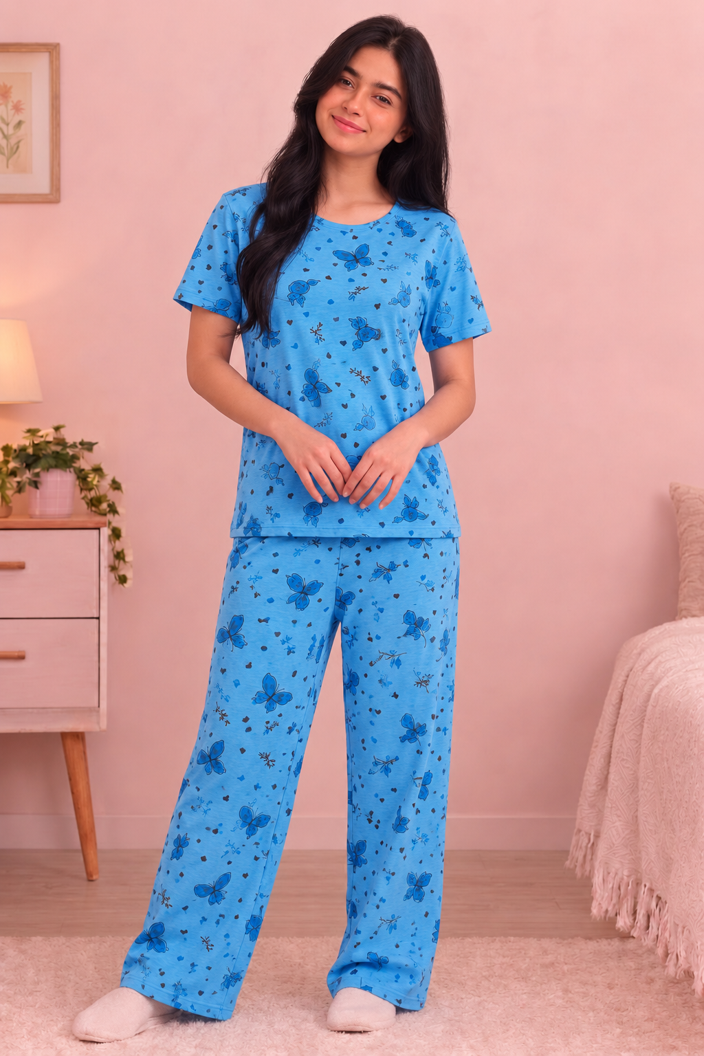 Women’s Blue Butterfly Print Cotton Night Suit Set